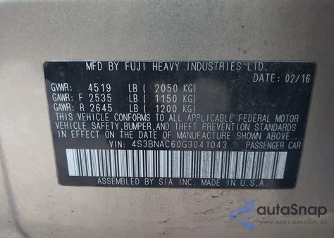 2016 Subaru Legacy 2.5I Premium z USA, uszkodzony, nr VIN 4S3BNAC60G3041043